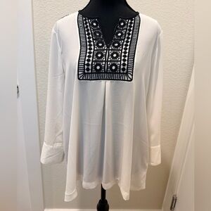 Rafaella White Blouse with Black Geometric Lace Design